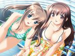  2girls blue_eyes blush bra breasts brown_eyes brown_hair cleavage lingerie long_hair multiple_girls pointing pool sitting smile thighhighs underwear 