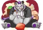  2019 absurd_res anthro behemoth_(housamo) belly clothing cute_fangs daizuwakame131 eyes_closed food hi_res humanoid_hands male monster navel overweight overweight_male pants sitting solo tokyo_afterschool_summoners tongue tongue_out video_games 