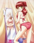  bad_haro blush bra breasts cleavage earring earrings freckles gundam gundam_00 highres jewelry lingerie long_hair mirror nena_trinity panties pose posing red_hair reflection shirakawa_ayako side-tie_panties smile thighhighs underwear yellow_eyes 