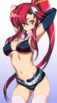  arms_up belt bikini_top breasts cleavage gloves hair_ornament kawata_hisashi large_breasts long_hair midriff pink_legwear ponytail red_hair scarf short_shorts shorts sidelocks solo studded_belt tengen_toppa_gurren_lagann thighhighs thighs underboob yellow_eyes yoko_littner 