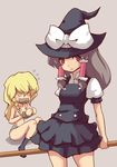  @_@ bdsm black_hair blonde_hair blue_panties blush bondage bound bound_wrists broom brown_eyes clothes_theft cosplay dizzy_(feeling) hakurei_reimu hat highres kirisame_marisa kirisame_marisa_(cosplay) kurozatou multiple_girls navel no_bra panties short_hair striped striped_panties tape theft topless touhou underwear underwear_only witch_hat 