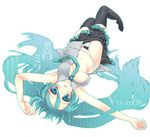  aqua_eyes aqua_hair armpits between_breasts blush breasts cleavage covered_nipples giuniu hatsune_miku long_hair lying medium_breasts navel necktie on_back open_clothes open_shirt panties shirt skirt skirt_pull solo thighhighs twintails underwear undressing upside-down very_long_hair vocaloid 