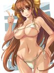  bikini bow breasts brown_eyes brown_hair covered_nipples hair_bow hand_on_hip large_breasts long_hair micro_bikini navel nipples original side-tie_bikini smile solo suoni_(deeperocean) swimsuit thigh_gap very_long_hair wide_hips 