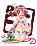  2009 animal_ears animal_print arrow bare_shoulders bell bikini blurry copyright_request cow_print depth_of_field ema fake_animal_ears hamaya hinoe_riho navel new_year one_eye_closed purple_hair side-tie_bikini solo string_bikini swimsuit tail thigh_gap 