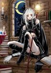  black_cloak book braid braided_hair brown_eyes candle castle long_hair medieval sitting spells staff white_hair 