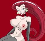  1girl breasts collar curvy detached_sleeves earrings female gloves huge_breasts jewelry lipstick long_hair lowres makeup musashi_(pokemon) naked_thighhighs naughty_face nipples nude pokemon red_hair simple_background solo team_rocket thighhighs very_long_hair 