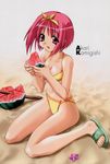  artist_request beach bikini bow food fruit highres holding holding_food holding_fruit kamigishi_akari red_eyes red_hair sandals solo swimsuit to_heart toes watermelon yellow_bow 