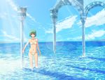  arch bikini cloud column day green_hair light_rays navel nitoren ocean original outdoors pillar red_eyes ruins short_hair sky solo sunbeam sunlight swimsuit wading water white_bikini 