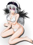  barefoot bikini breast_hold breasts cleavage feet hairband large_breasts long_hair navel purple_eyes rozen_maiden silver_hair sitting solo suigintou swimsuit takumi_(rozen_garten) underboob wariza wings 