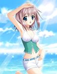  1girl artist_request blue_eyes breasts cleavage hand_on_hip hips navel ocean purple_hair short_jeans short_shorts solo 