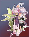  animal_ears argyle argyle_legwear armpits arms_up bad_id bad_pixiv_id between_legs bow breasts cat_ears copyright_request elbow_gloves gloves green_eyes highres lace large_breasts lavender_hair maid multiple_girls ribbon serenade_(sinohi) skirt tail tail_between_legs thighhighs zettai_ryouiki 
