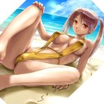  barefoot beach breasts brown_hair cameltoe cloud day earrings jewelry large_breasts long_hair long_legs lying nail_polish ocean original outdoors pink_nails rasukaru red_eyes sky slingshot_swimsuit smile solo spread_legs swimsuit twintails 
