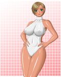  breasts dark_skin dead_or_alive dead_or_live green_eyes large_breasts lisa_hamilton one-piece_swimsuit pose see-through see_through short_hair swimsuit tecmo 