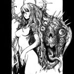  barbed_wire breasts cleavage greyscale long_hair medium_breasts monochrome monster nude original pon_(tab_rasa) scar solo tattoo 