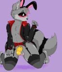  anthro blush bunny_costume chastity chastity_cage clothed clothing costume crossdressing dante_(raccoon) digital_media_(artwork) fake_ears fake_rabbit_ears fur girly grey_fur hand_up kneeling legwear lingerie looking_at_viewer male mammal partially_clothed procyonid raccoon solo valvi369 