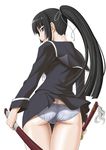  ass back black_hair blue_panties butt_crack ga-rei ga-rei_zero isayama_yomi labia long_hair looking_back misnon_the_great panties pantyshot pantyshot_(standing) ponytail purple_eyes school_uniform serafuku sheath skirt solo standing sword thigh_gap trefoil underwear weapon wind wind_lift 