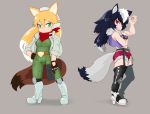  2girls animal_ears arm_under_breasts armored_boots bare_arms bare_shoulders belt black_hair blonde_hair boots bra breasts closed_mouth collared_jacket cosplay eyebrows eyebrows_visible_through_hair ezo_red_fox_(kemono_friends) fang fingernails fox_ears fox_mccloud fox_mccloud_(cosplay) fox_tail full_body fur_collar garter_belt garter_straps gloves graphite_(medium) green_eyes grey_background grey_hair grey_wolf_(kemono_friends) grin gun hair_between_eyes hand_on_hip hand_up handgun headset high_collar high_heels highres holding holding_gun holding_weapon jacket jumpsuit kemono_friends knee_pads long_hair long_sleeves looking_at_viewer multicolored_hair multiple_girls nail_polish nat_(gsx-r1300) nintendo open_clothes open_vest red_eyes scarf sharp_fingernails shoes short_shorts shorts simple_background smile standing star_fox tail thighhighs traditional_media tsurime two-tone_hair underwear vest weapon white_hair wolf_ears wolf_o&#039;donnell wolf_o&#039;donnell_(cosplay) wolf_tail zipper_pull_tab 