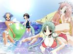  4girls aqua_hair artifractured beach beachball blue_hair blush breasts brown_eyes brown_hair cleavage collar dears green_eyes group_pic jpeg_artifacts large_breasts long_hair miu neneko pink_hair red_eyes ren ren_(dears) very_long_hair water 