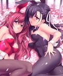  2girls animal_ears ass black_hair breasts bunny_ears bunny_girl bunny_tail bunnysuit cherry_blossoms cuffs hair_over_one_eye kusakabe_misao_(11eyes) kusakabe_misuzu long_hair lying medium_breasts multiple_girls pantyhose petals pink_eyes pink_hair purple_eyes tail zen 