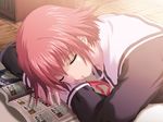  artist_request book desk game_cg kasuga_tsukasa pink_hair school_uniform short_hair sleeping solo tokimeki_memorial tokimeki_memorial_only_love 