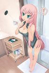  1girl :o amamiya_minato aqua_eyes bangs bare_shoulders barefoot basket bathroom bottomless breasts bursting_breasts buttons cleavage clothes_removed commentary_request cosplay counter dressing feet flying_button full_body hatsune_miku hatsune_miku_(cosplay) highres indoors large_breasts laundry laundry_basket long_hair megurine_luka no_panties panties panties_removed pink_hair popped_button rug shelf shirt shower_(place) skirt sleeveless sleeveless_shirt solo spoken_exclamation_mark standing taut_clothes taut_shirt towel undersized_clothes underwear very_long_hair vocaloid white_panties wooden_floor 