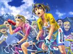  6+boys bicycle blonde_hair blue_eyes bra breasts brown_eyes brown_hair cleavage cloud copyright_request day ground_vehicle konchiki lingerie medium_breasts mountain multiple_boys multiple_girls outdoors racing sky sunglasses sweat tour_de_france underwear water 