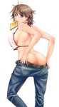  asakura_sakura ass back belt breasts brown_hair butt_crack camisole copyright_request covered_nipples crop_top denim dressing food food_in_mouth from_behind jeans large_breasts looking_back mouth_hold no_bra no_panties pants purple_eyes short_hair sideboob solo toast toast_in_mouth 