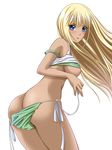  ass bad_id bad_pixiv_id blonde_hair blue_eyes blush breasts chiro copyright_request from_behind large_breasts long_hair looking_at_viewer looking_back nipples open_mouth panties panty_pull shirt_lift side-tie_panties simple_background solo strap_slip tan underwear white_background 