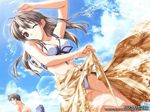  beach bra brown_hair lingerie long_hair red_eyes underwear upskirt wink winking 