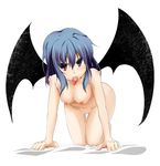  all_fours bat_wings blue_hair blush breasts condom condom_in_mouth looking_at_viewer masa_(miyabitei) medium_breasts mouth_hold nipples nude red_eyes remilia_scarlet short_hair solo thigh_gap touhou tsurime wings 