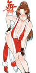  blush breasts brown_eyes brown_hair cleavage fatal_fury hand_on_hip hand_on_own_knee highres huge_breasts leaning_forward long_hair pelvic_curtain ponytail revealing_clothes shiranui_mai smile solo st.germain-sal the_king_of_fighters 