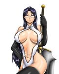  breasts covered_nipples curvy glasses huge_breasts huge_weapon judge_martin latex leather long_hair original purple_eyes purple_hair revealing_clothes side_slit solo thighhighs weapon wide_hips 