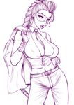  between_breasts braid breasts cleavage crimson_viper gloves huge_breasts jacket jacket_over_shoulder long_hair midriff monochrome navel necktie open_clothes open_shirt pompadour purple shirt solo st.germain-sal street_fighter street_fighter_iv_(series) sunglasses very_long_hair 