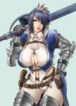  armor asuru_(armor) belt blue_eyes blue_hair breasts cameltoe cleavage cleavage_cutout curvy eyepatch feathers gauntlets gloves gun hair_ornament hairclip hand_on_hip huge_breasts lipstick makeup midriff mole mole_under_mouth monster_hunter navel no_bra polearm short_hair skin_tight solo spear thighhighs toguchi_masaya weapon wide_hips 