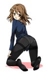  ass blush brown_eyes brown_hair feet hair_ornament hairclip hirasawa_yui k-on! kneeling looking_back mushi024 no_pants open_mouth panties panties_under_pantyhose pantyhose school_uniform solo thighband_pantyhose underwear 