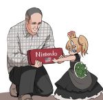  animal_humanoid bowser bowsette_meme brown_eyes child clothing crown daughter dishwasher1910 doug_bowser dress father father_and_daughter female grey_hair hair holding_object horn humanoid male mario_bros nintendo parent ponytail real smile super_crown turtle_shell video_games young 