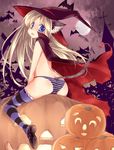  animal_ears bat blonde_hair blue_eyes church doala full_moon hat long_hair mofmof_(sousa) moon original panties pumpkin solo striped striped_panties tail thighhighs topless underwear underwear_only witch_hat 