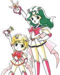  aqua_hair bishoujo_senshi_sailor_moon blonde_hair boots cosplay kaiou_michiru long_hair lowres sailor_chibi_moon sailor_fuku sailor_neptune sailor_uranus school_uniform seifuku serafuku short_hair ten'ou_haruka tenou_haruka wand 