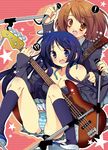  2girls akiyama_mio band bangs bass_guitar blazer blue_eyes blue_hair blunt_bangs blush breasts brown_eyes brown_hair cleavage guitar hime_cut hirasawa_yui instrument jacket k-on! kneehighs large_breasts microphone multiple_girls panties pantyhose sakura_hanpen school_uniform shoes socks spoken_exclamation_mark striped striped_panties underwear undressing upskirt uwabaki 