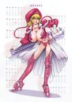  2010 absurdres armor bent_over bikini_bottom blonde_hair boots breasts calendar_(medium) checkered cleavage copyright_request eyeshadow hat high_heels highres huge_breasts lipstick makeup midriff nail_polish non-web_source pink_legwear pink_nails sarong shoes skirt solo sword thigh_boots thighhighs type_90 weapon white_sarong yellow_eyes 