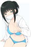  1girl bikini blue_bikini breasts cleavage folded_ponytail green_eyes half_updo hassu hood hood_down hoodie large_breasts long_hair looking_at_viewer navel nekoume open_clothes open_hoodie sidelocks sitting solo ssss.gridman surgical_mask swimsuit v white_hoodie 