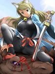  7th_dragon 7th_dragon_(series) :p animal_ears bell blonde_hair blood bodysuit bow breasts cleavage collar covered_nipples green_eyes hiru_okita katana large_breasts long_hair namuna_(7th_dragon) samurai samurai_(7th_dragon) shoes skin_tight solo sword tongue tongue_out weapon 