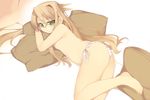  arima_senka ass barefoot brown_hair feet flat_chest glasses green_eyes kashiwamochi_yomogi long_hair original panties pillow pillow_hug side-tie_panties solo toes topless underwear 