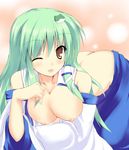  breasts butt_crack detached_sleeves duplicate frog green_hair kochiya_sanae large_breasts long_hair nipples one_eye_closed ryokushiki_(midori-ya) solo touhou yellow_eyes 