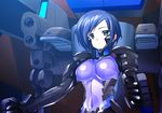  blue_hair bodysuit bou breasts cockpit game_cg green_eyes highres kashiwagi_haruko large_breasts mecha muvluv muvluv_alternative pilot_suit purple_bodysuit short_hair solo 