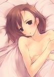  asymmetrical_bangs bangs bed bed_sheet breast_hold breasts covering empty_eyes kaede_(sayappa) misaka_imouto naked_sheet nude solo to_aru_majutsu_no_index 