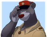  2016 5_fingers anthro baloo blue_background border claws clothed clothing colored_sketch digital_drawing_(artwork) digital_media_(artwork) disney fur grey_fur half-closed_eyes hat looking_at_viewer mammal red_nose shadowninja976 simple_background sloth_bear smile smirk solo talespin ursid ursine white_border 