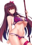  1girl bangs bare_shoulders bikini blush breasts cleavage collarbone fate/grand_order fate_(series) flower hair_between_eyes hair_flower hair_intakes hair_ornament hibiscus large_breasts long_hair looking_at_viewer mitsukazu_(nijigen_complex) nail_polish navel pink_bikini purple_hair red_eyes scathach_(fate)_(all) scathach_(fate/grand_order) scathach_(swimsuit_assassin)_(fate) simple_background solo swimsuit underboob white_background 