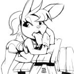  2019 clothing female food hair lagomorph licking mammal monochrome picnic_table ponytail popsicle rabbit shirt shorts signature solo suggestive suggestive_food tank_top tongue tongue_out xylas 