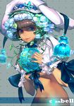  bell blue_eyes bow breasts brown_hair flower hat lace leaf lucy_(bechoco) medium_breasts original plant ribbon solo underboob vines 